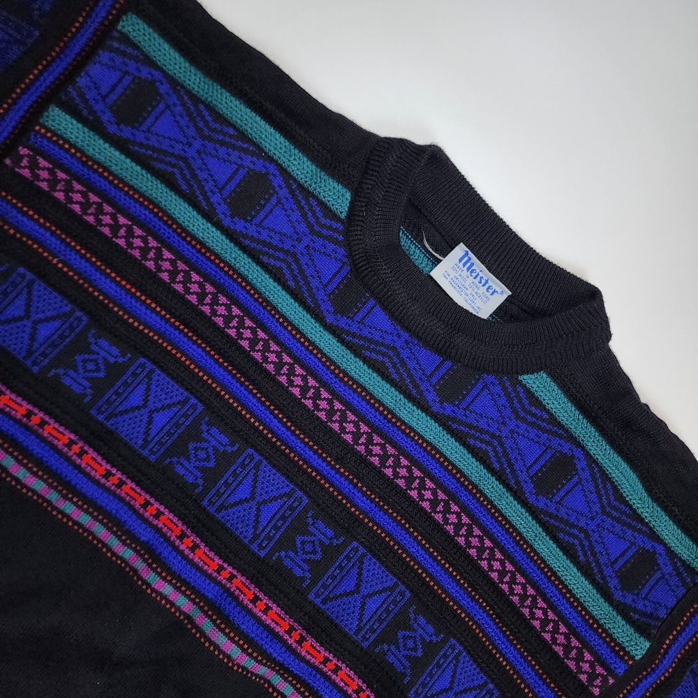 Meister Men's XL Vintage 90s Wool Blend Geometric Knit Sweater Black Blue